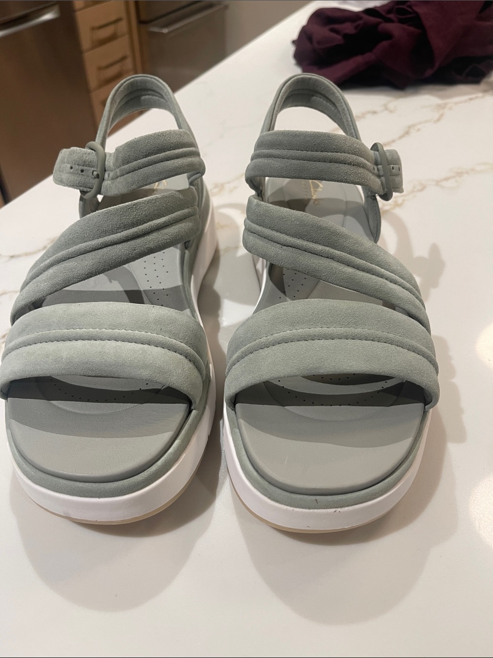 Clarks Strappy Sandal in Sage Green Suede with White Sole 12M